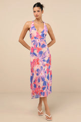 Delight in Elegance Blue Multi Floral Halter Cutout Midi Dress