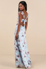 Sweetest Entrance Light Blue Floral Ruffled Tie-Back Maxi Dress