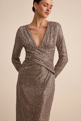 Helena Brown and Silver Sequin Long Sleeve Midi Dress