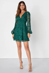 Angelic Bliss Emerald Green Embroidered Puff Sleeve Mini Dress