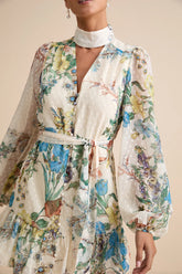 Ayame Ivory Floral Swiss Dot Balloon Sleeve Mini Dress