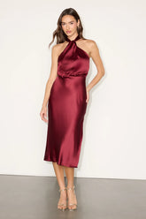Jacey Emerald Satin Halter Midi Dress