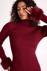 Labelle Wine Red Ribbed Faux Fur Sweater Mini Dress