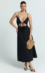 Daphne Maxi Dress - Gathered Cut Out A Line Dress in Black