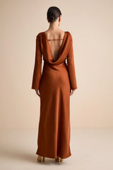 Kae Rust Orange Satin Cowl Back Maxi Dress