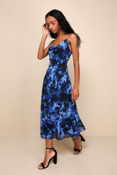 Beautiful Persona Blue Floral Chiffon Cowl A-Line Midi Dress
