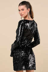 Fabulous Sparkle Black Sequin Cutout Long Sleeve Mini Dress
