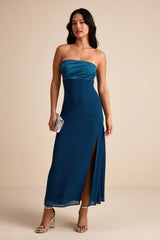 Devlin Dark Teal Mixed Media Strapless Midi Dress