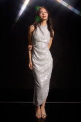 Jackie Silver Sequin Halter Neck Backless Midi Dress