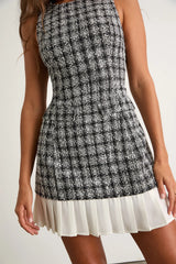 Moroni Black Tweed Pleated Hem Mini Dress
