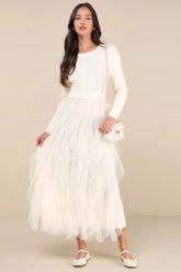 Ultimate Beauty Ivory Cable Knit Ruffled Tulle Maxi Dress