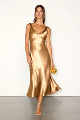 Perfectly Classy Gold Satin Strappy Midi Dress