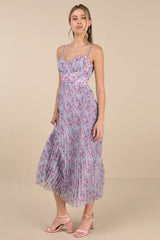 Alluring Invite Purple Multi Floral Pleated Bustier Midi Dress