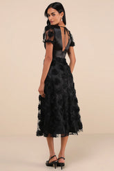 Gorgeous Elevation White Lace Rosette Puff Sleeve Midi Dress