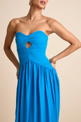 Rozala Bright Blue Pleated Strapless Maxi Dress