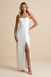 Exquisite White Velvet Burnout Strapless Maxi Dress