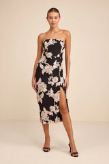 Kattalin Cream Floral Applique Strapless Midi Dress