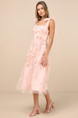 Effortlessly Sweet Blush Tulle 3D Floral Tie-Strap Midi Dress