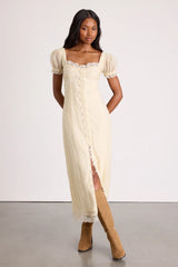 Crissa Cream Lace Textured Puff Sleeve Midi Dress