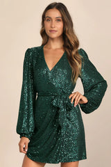 Sparkly Darling Silver Sequin Long Sleeve Wrap Dress