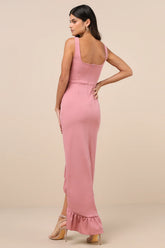 Immaculate Excellence Black Sleeveless Ruffled Tulip Maxi Dress