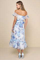 Sweet Composure Plum Floral Organza Off-the-Shoulder Midi Dress