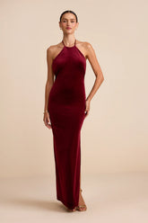 Emelina Wine Red Velvet Halter Maxi Dress