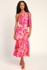 Always Eye-Catching Hot Pink Floral Tiered Halter Midi Dress