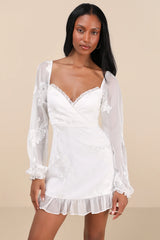 Flora White Embroidered Long Sleeve Mini Dress