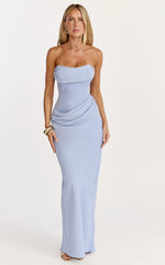 Phoebe Maxi Dress - Strapless Structured Bodice Drape Skirt Dress in Soft Blue