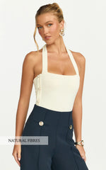 Julie Top - Tie Halter Button Detail Top in Ivory