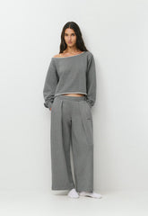 Terry Sweatfleece Perfect Off-Shoulder Top - HEATHER DARK GREY