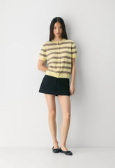 Bare Cashmere Noteworthy Shortsleeve Cardigan - LMND/HTHR FOL BWN