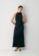 Audience Satin Full Halter Dress - BLACK
