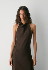 Audience Satin Full Halter Dress - RICH MOCHA BROWN