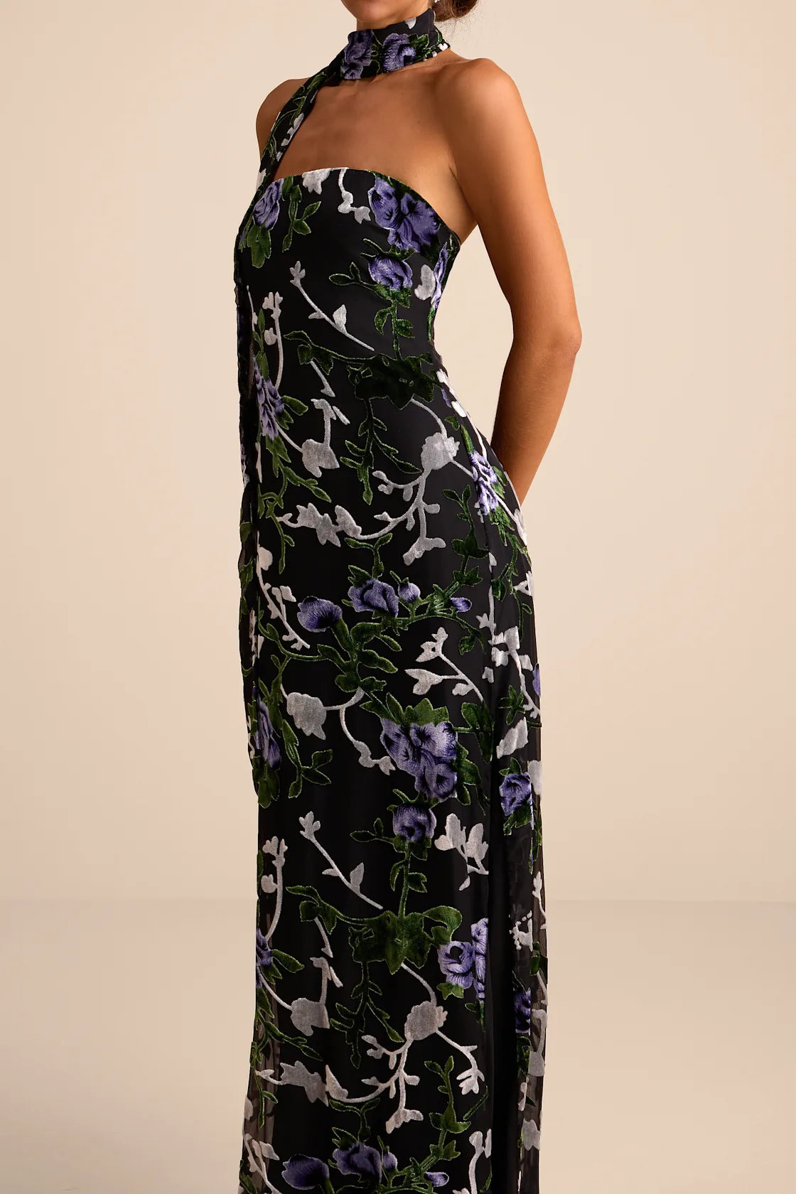 Corelia Blue Floral Velvet Burnout Strapless Sash Maxi Dress