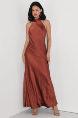 Love in Your Life Navy Blue Satin Halter Maxi Dress