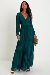 Sophisticated Grace Slate Blue Pleated Long Sleeve Maxi Dress