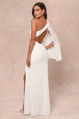 Majestic Attitude White Cape Sleeve One-Shoulder Maxi Dress