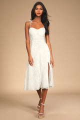 Loveliest Looks Navy Blue Floral Jacquard Tie-Strap Midi Dress