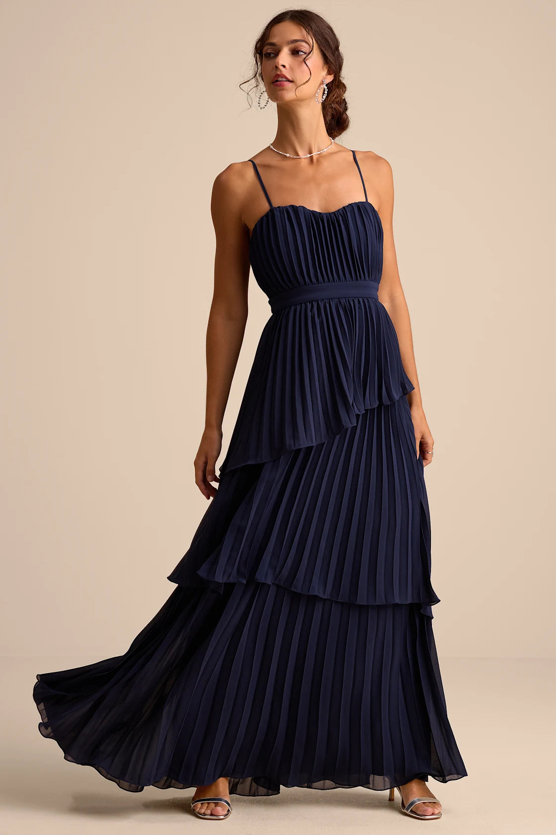 Jehona Dusty Blue Pleated Tiered Maxi Dress