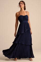 Jehona Dusty Blue Pleated Tiered Maxi Dress
