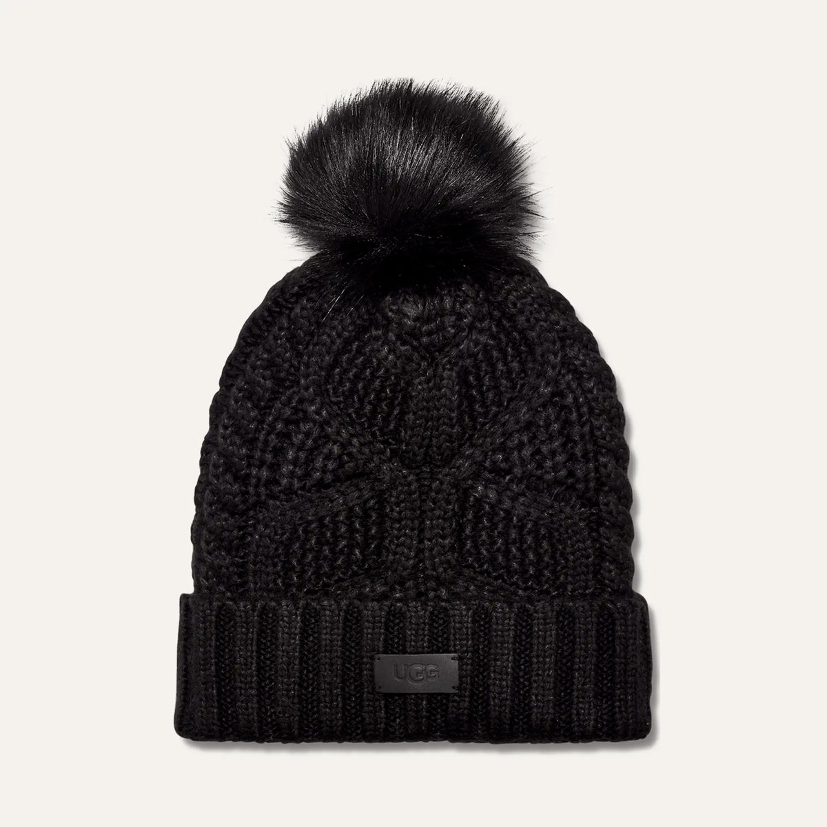Women's Cable Beanie With Pom - BLACK
