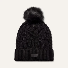 Women's Cable Beanie With Pom - BLACK