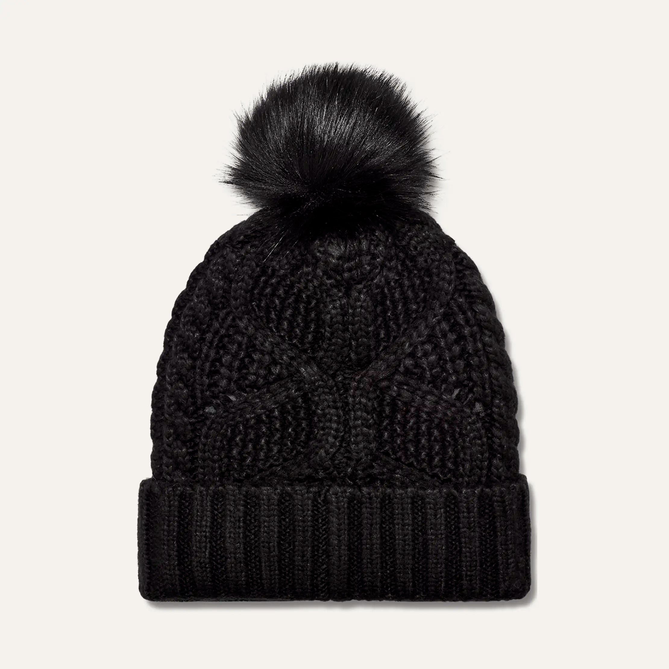 Women's Cable Beanie With Pom - BLACK