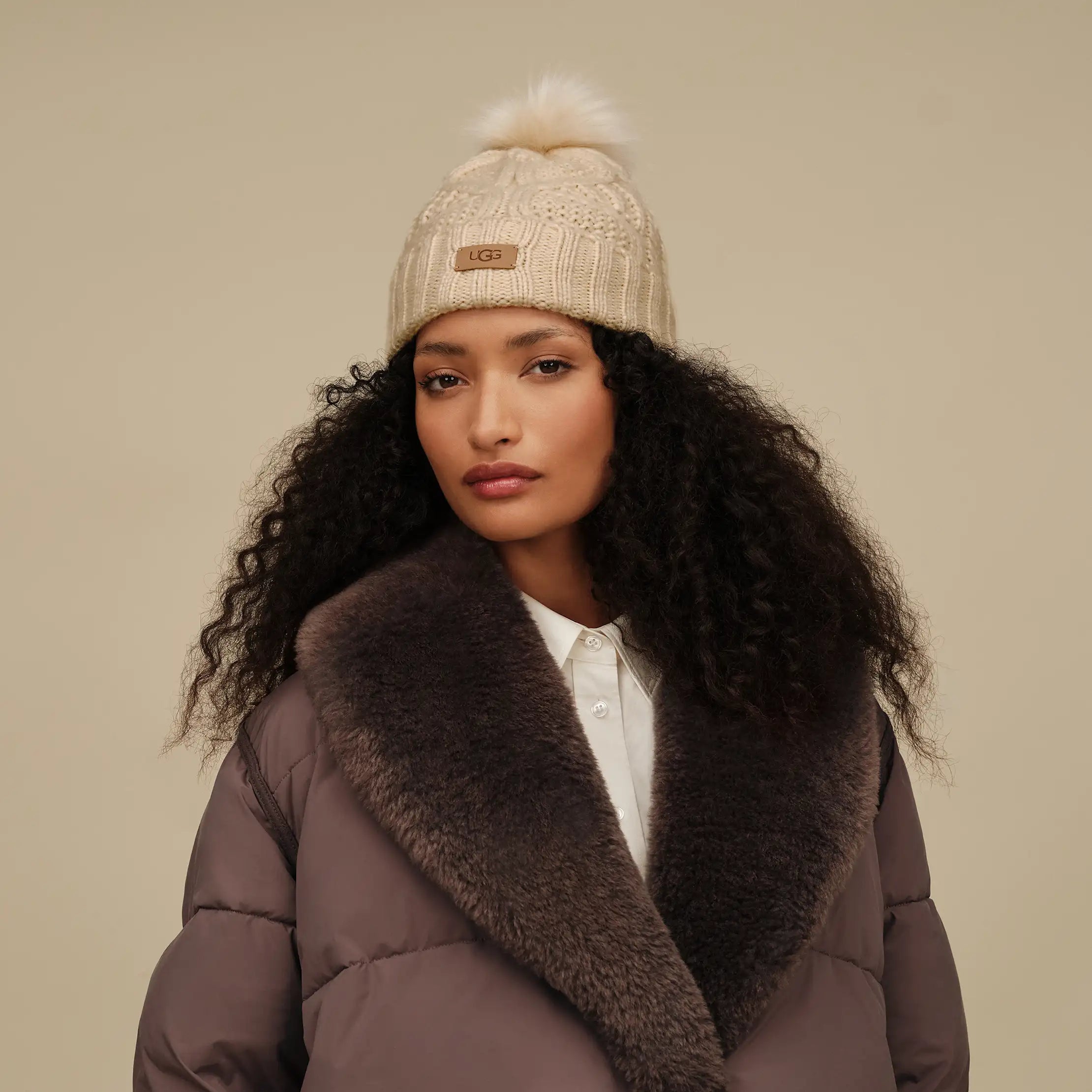 Women's Cable Beanie With Pom - CREAM