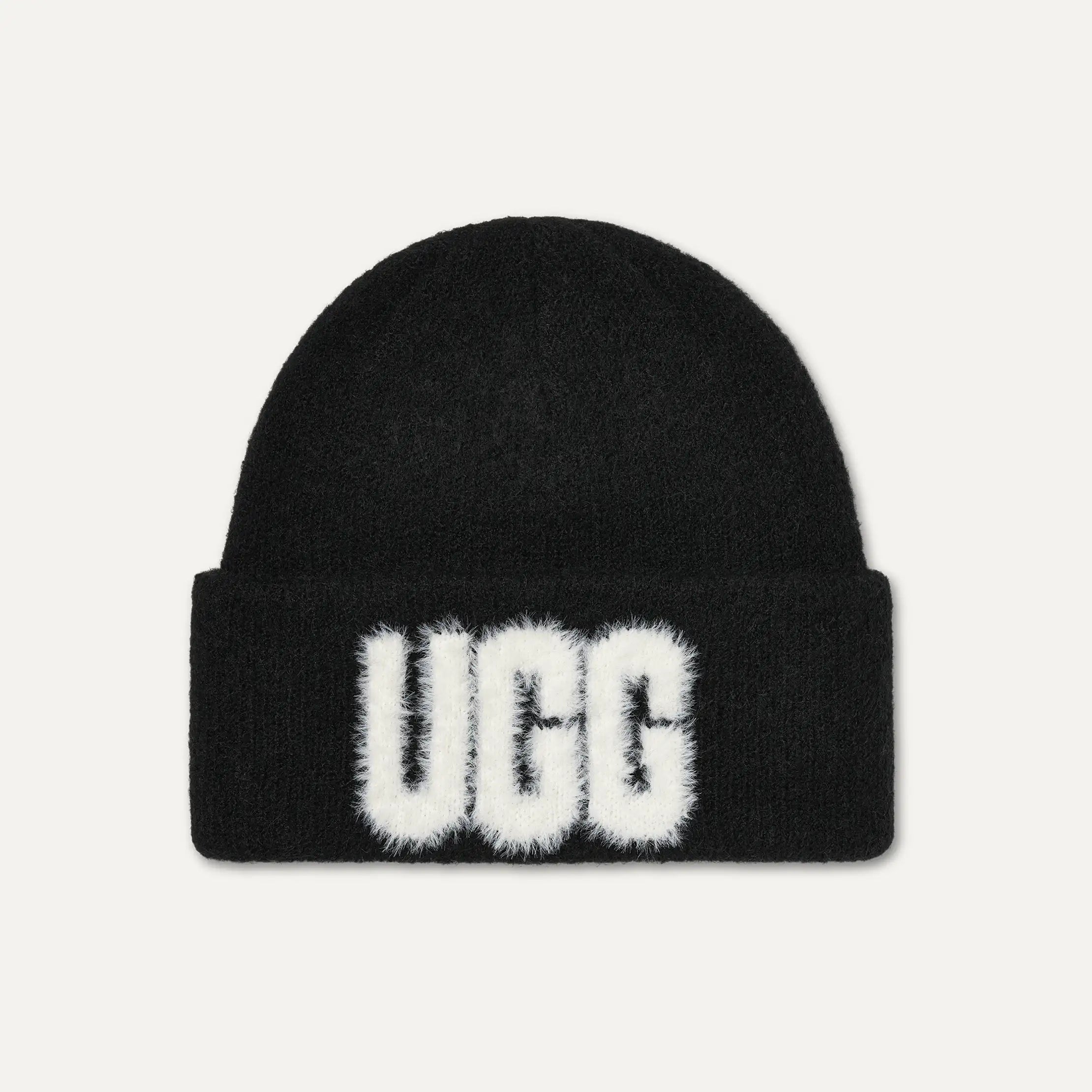 Women's Fuzzy UGG Logo Beanie - BLACK
