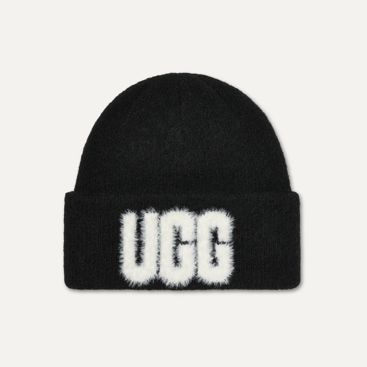 Women's Fuzzy UGG Logo Beanie - BLACK