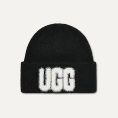Women's Fuzzy UGG Logo Beanie - BLACK