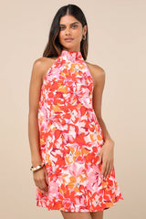 Tied Back To You Red and Pink Floral Print Mini Shift Dress